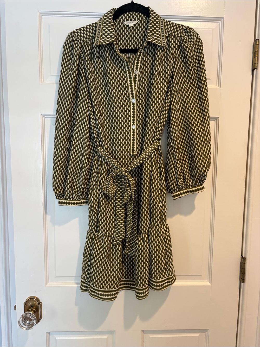 Max Studio Olive and Cream Patterned Shirt Dress
